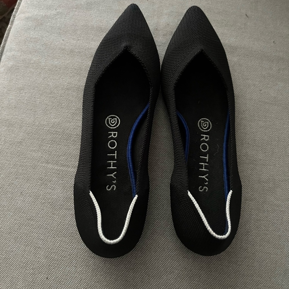 Rothy's Black Pointed-Toe Ballet Flats with White Trim